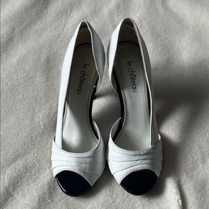 le chateau women’s White Heels with Black Cap Toe